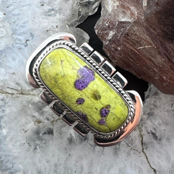 Sterling Southwestern Style Atlantisite Decorated Bar Ring Size 8.5 For Women